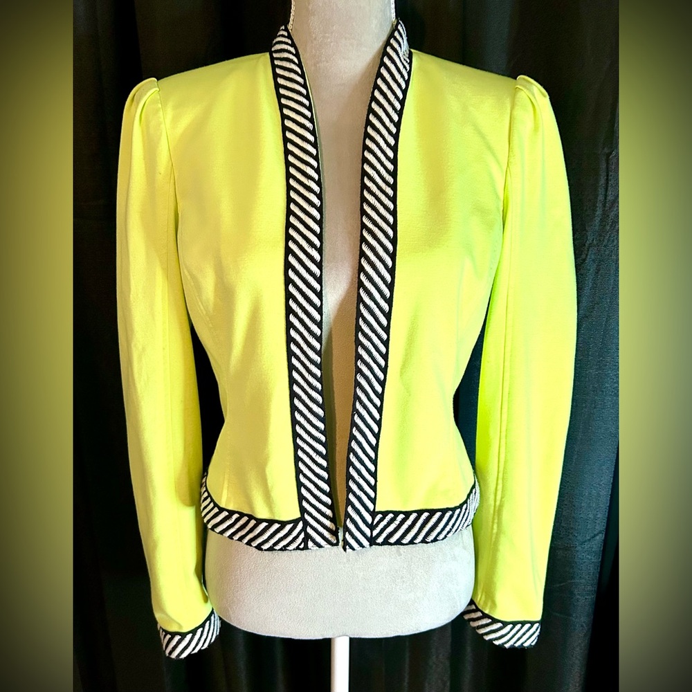 Kate & Rosy Highlighter Yellow Open Blazer w/ Black, White Embroidery, Size S